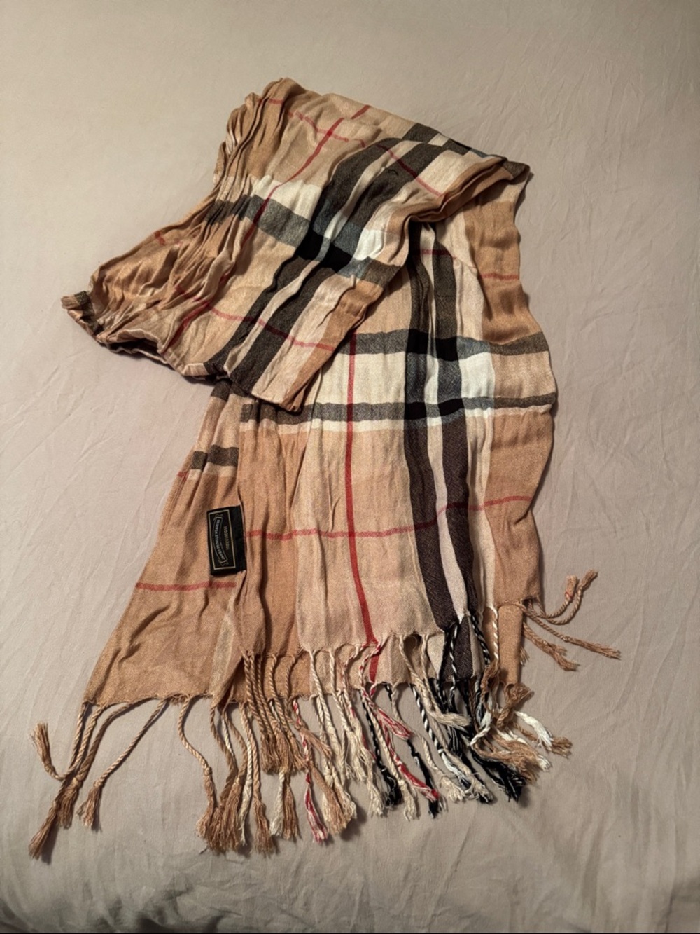 Plaid Fringe Scarf in Beige and Black